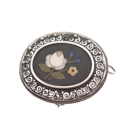 800 Silver Antique Art Deco Real Multi-Color Gem & MOP Floral Pin Brooch Pendant