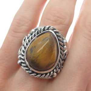 925 Sterling Silver Vintage Pear-Cut Tiger Eye Heart Oxidized Ring Size 8.75