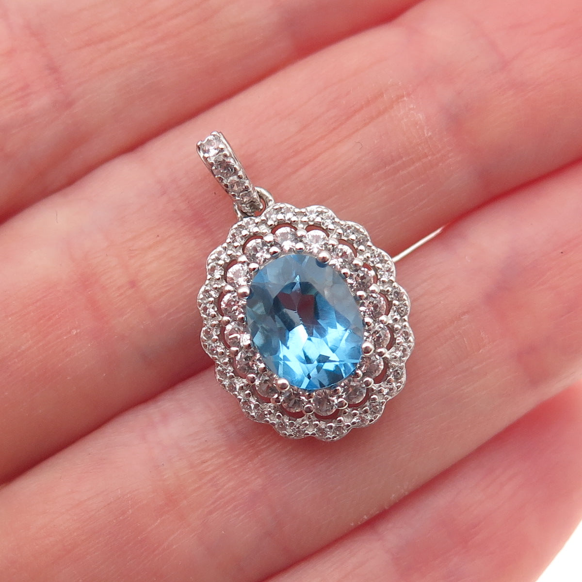 925 Sterling Silver Real Swiss Blue & White Topaz Charm Pendant
