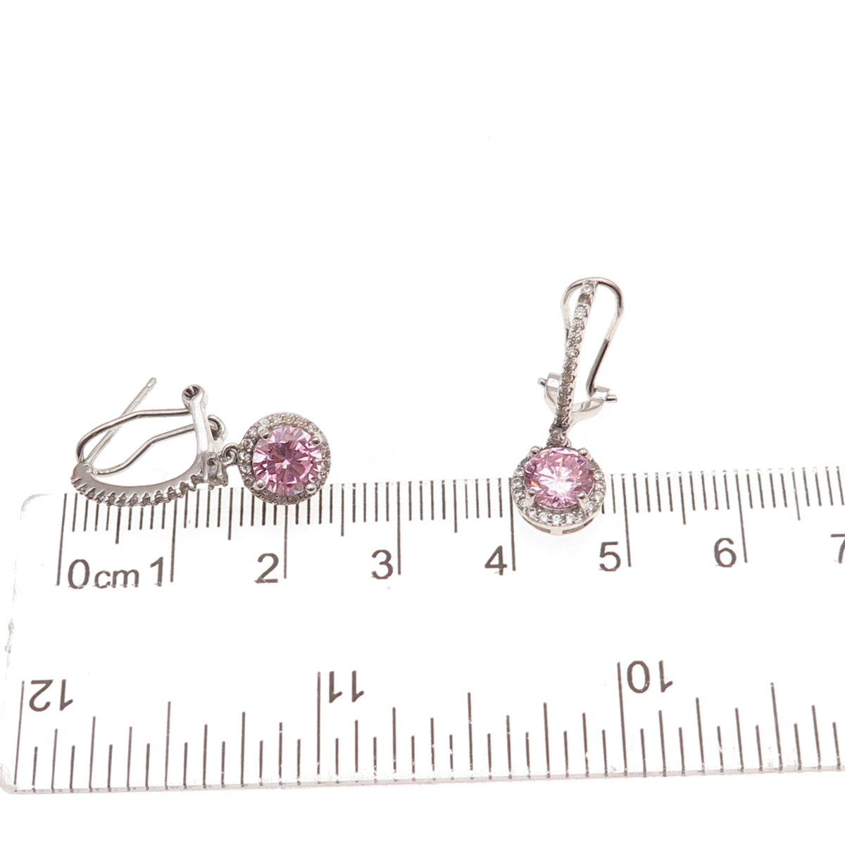 925 Sterling Silver Round-Cut Pink & White C Z Omega Back Dangle Earrings