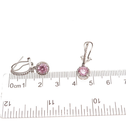 925 Sterling Silver Round-Cut Pink & White C Z Omega Back Dangle Earrings