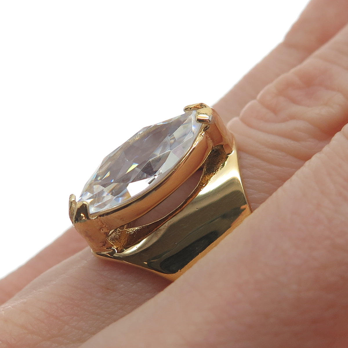 925 Sterling Silver Gold Plated Marquise-Cut Shaped C Z Ring Size 6.25