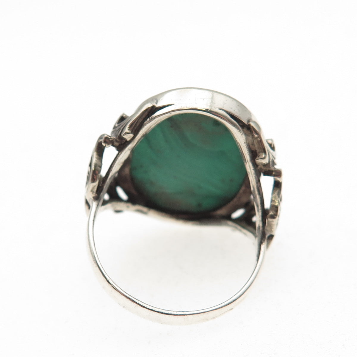 925 Sterling Silver Antique Art Deco Real Malachite Floral Oxidized Ring Size 7