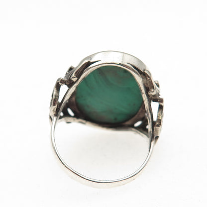 925 Sterling Silver Antique Art Deco Real Malachite Floral Oxidized Ring Size 7