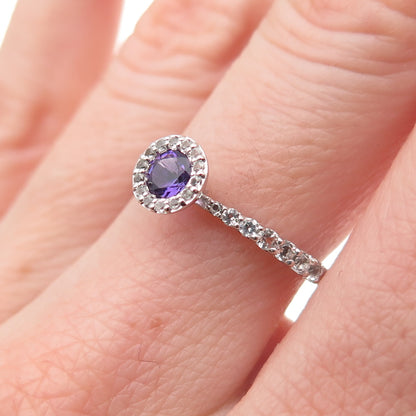 925 Sterling Silver Real Round-Cut Amethyst & White Topaz Ring Size 6.25