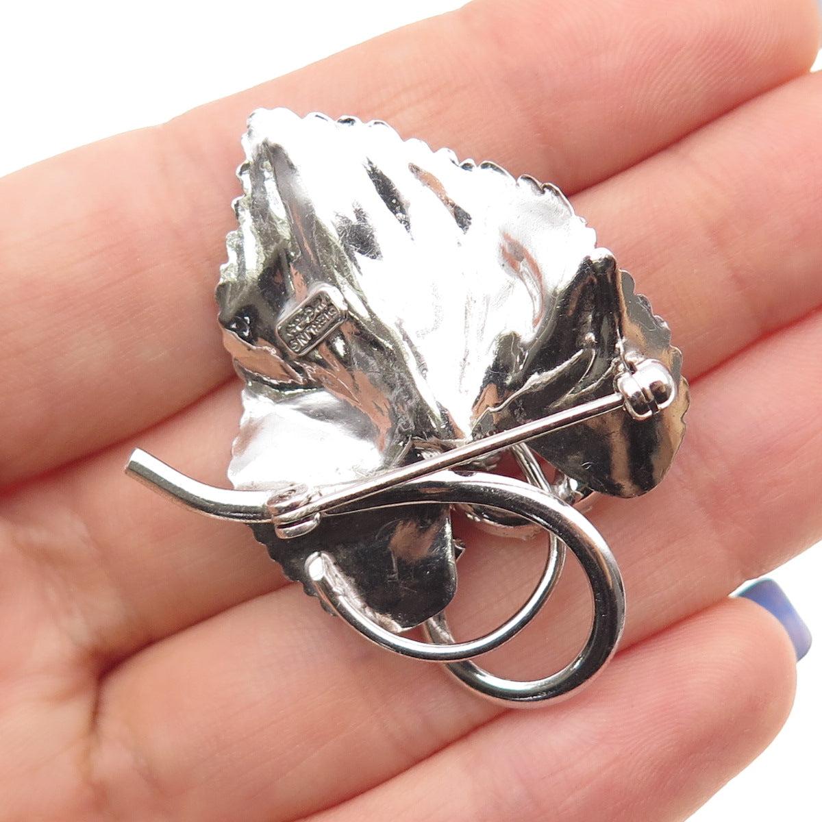 CARL ART 925 Sterling Silver Antique Art Deco Rhinestone Floral Leaf Pin Brooch