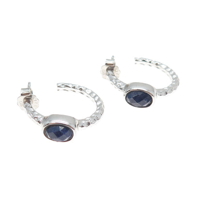 925 Sterling Silver Real Oval-Cut Sapphire Hoop Earrings