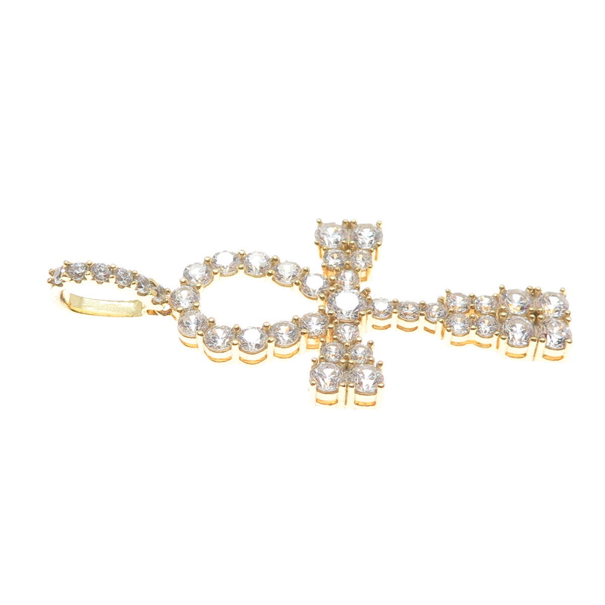925 Sterling Silver Gold Plated Round-Cut C Z Egyptian Ankh Pendant