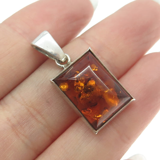 VALERIO V8 925 Sterling Silver Vintage Poland Real Amber Modernist Pendant