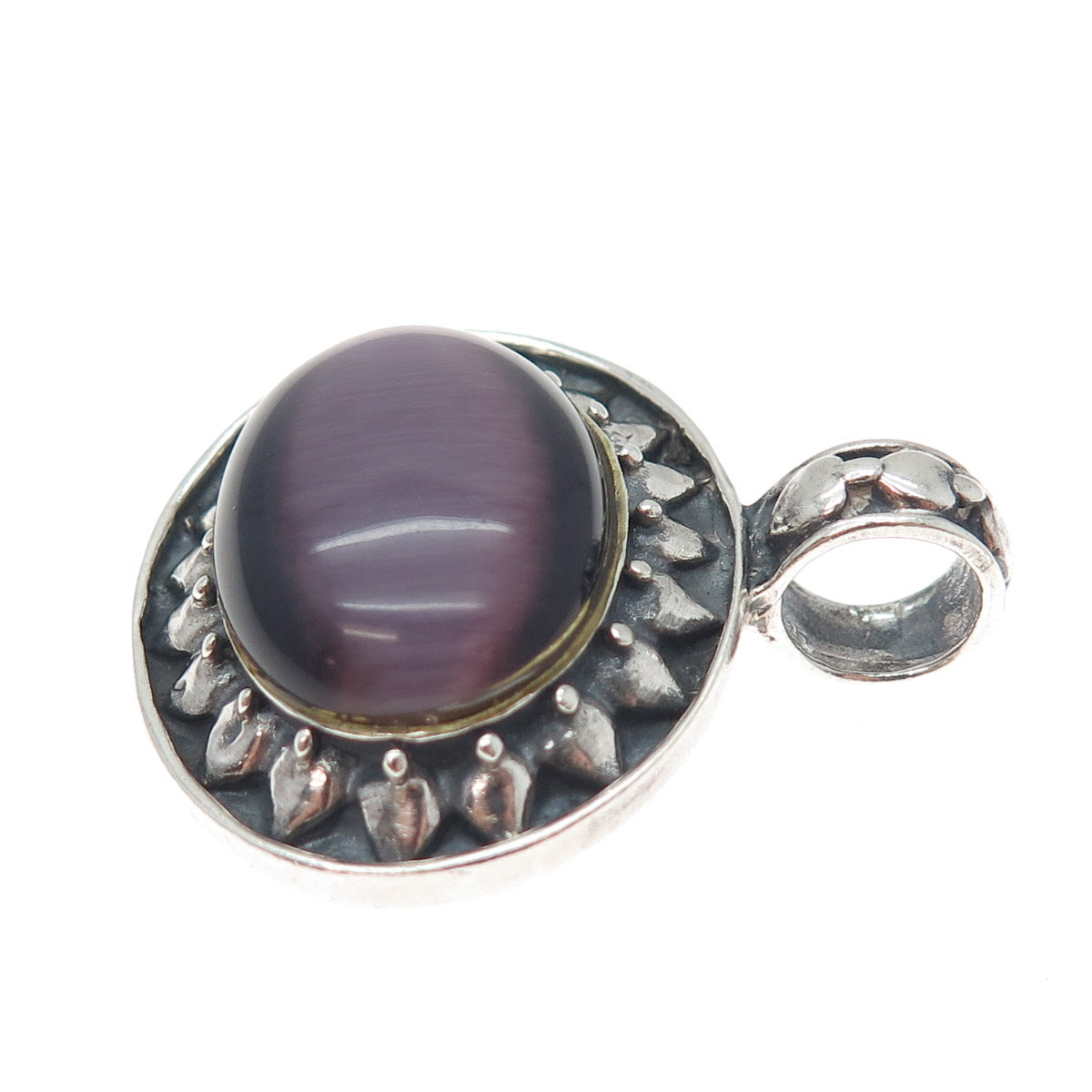 925 Sterling Silver Vintage Real Cabochon Purple Tiger Eye Sun Oxidized Pendant
