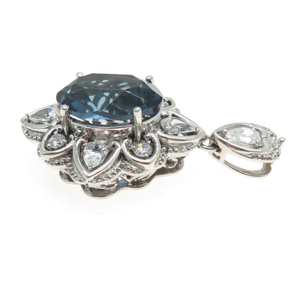 SAI 925 Sterling Silver Oval Round & Pear-Cut Blue White C Z Floral Pendant