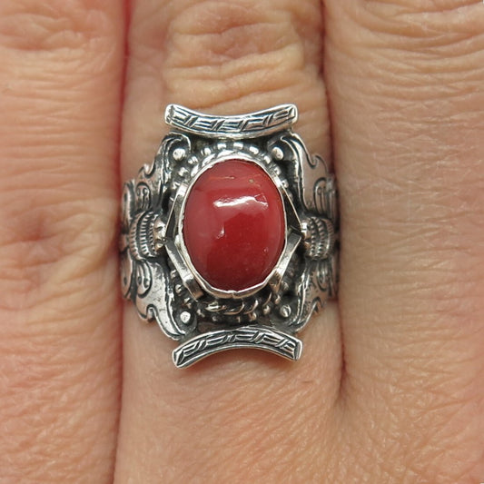 925 Sterling Silver Vintage Real Coral Butterfly Ring Size 6.5