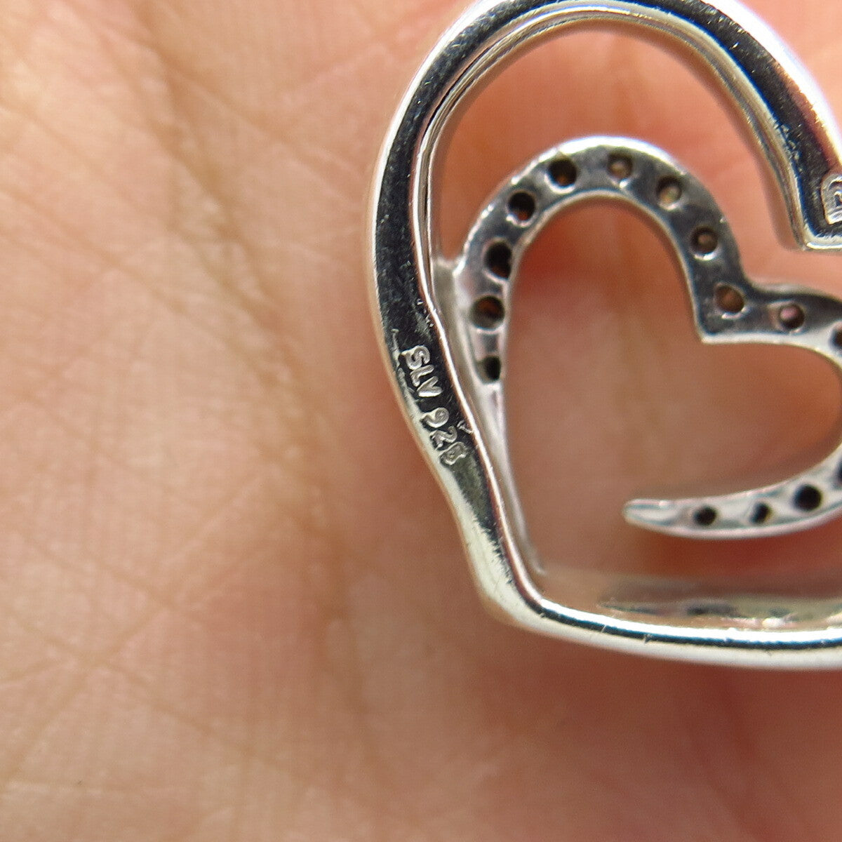 925 Sterling Silver Real White Diamond Open Double Heart Slide Pendant