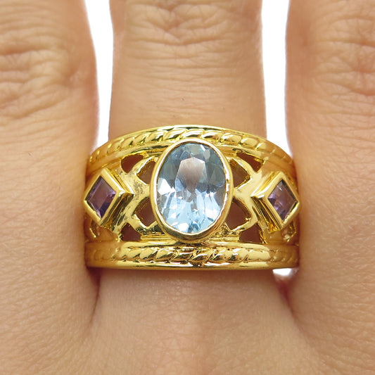 ROSS SIMONS 925 Sterling Gold Plated Vintage Blue Topaz Amethyst Ring Size 7.75