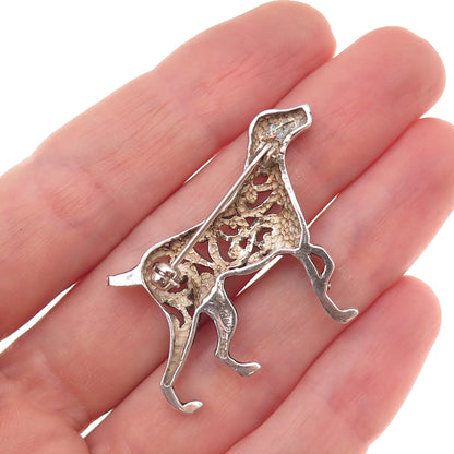 Jezlaine Sterling Silver Vintage Retriever Dog Floral Scroll Oxidized Pin Brooch