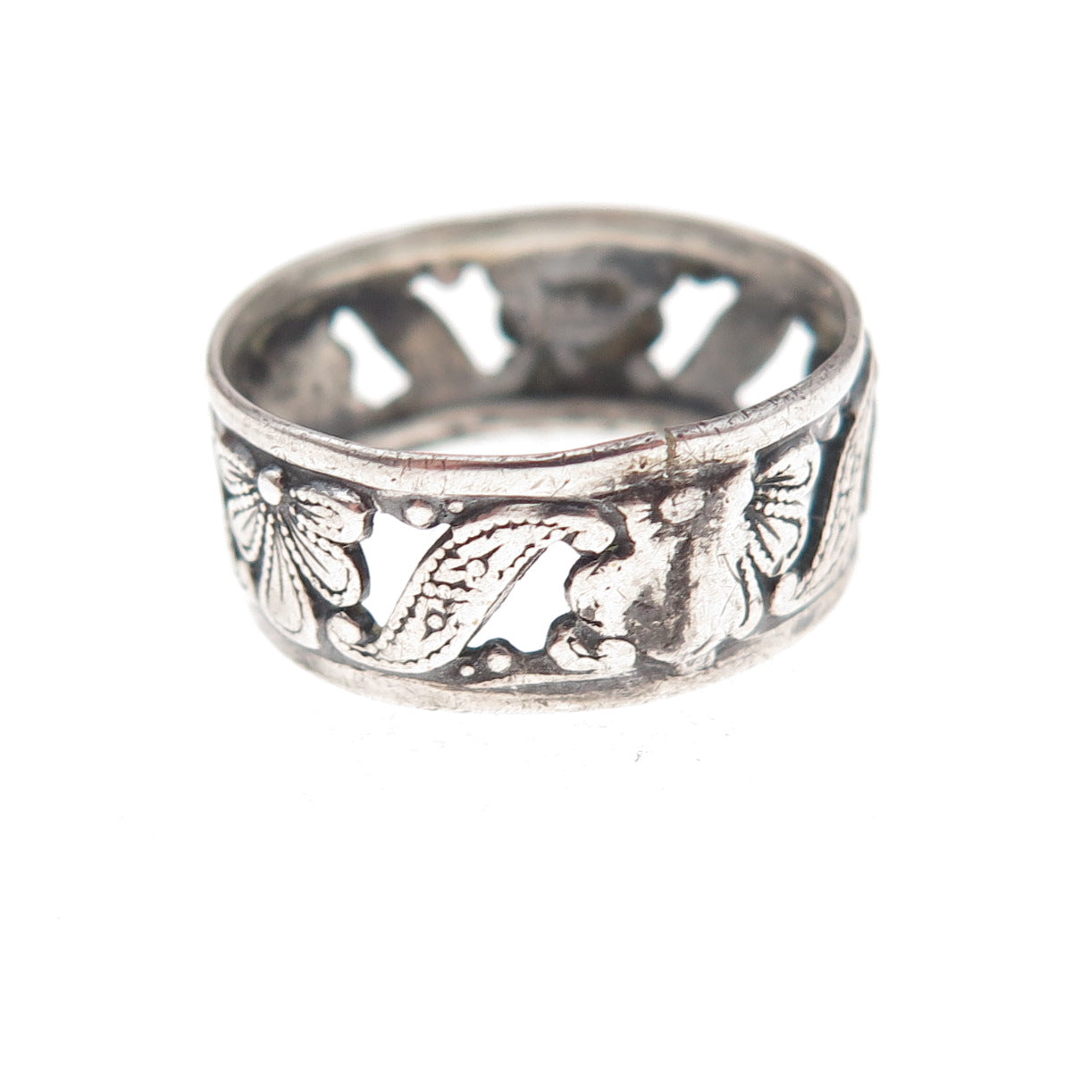Uncas 925 Sterling Silver Antique Art Deco Floral Oxidized Band Ring Size 7