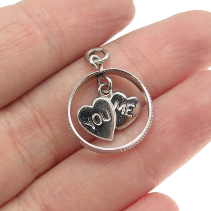 925 Sterling Silver Antique Art Deco "You & Me" Couple of Hearts Charm Pendant