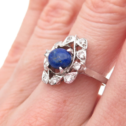 925 Sterling Silver Real Lapis Lazuli & C Z Cluster Ring Size 7