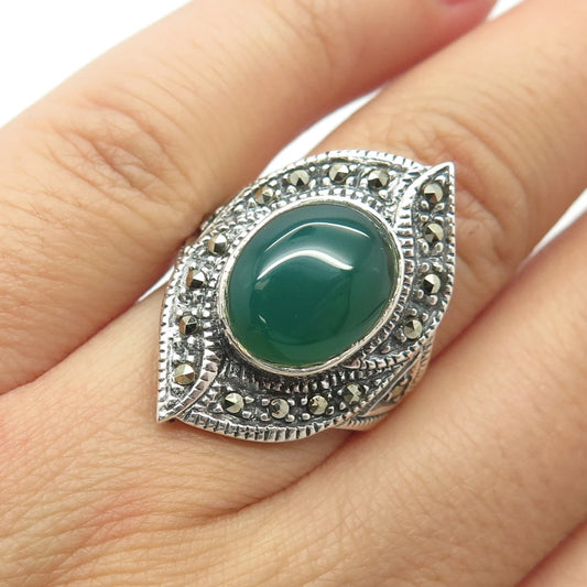 925 Sterling Silver Vintage Real Green Agate & Marcasite Gem Ring Size 6