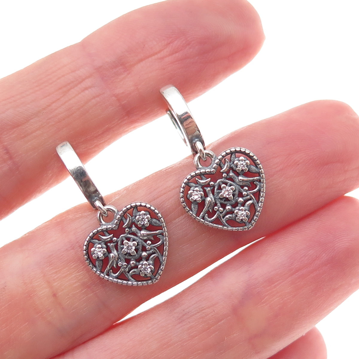 925 Sterling Silver Round-Cut C Z Heart Dangle Charm Hoop Earrings