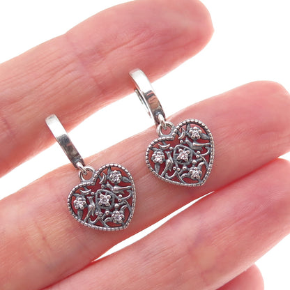 925 Sterling Silver Round-Cut C Z Heart Dangle Charm Hoop Earrings