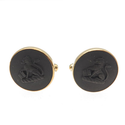 Wedgwood 925 Sterling Gold Plated Vintage Black Jasperware Lion Cufflinks G10