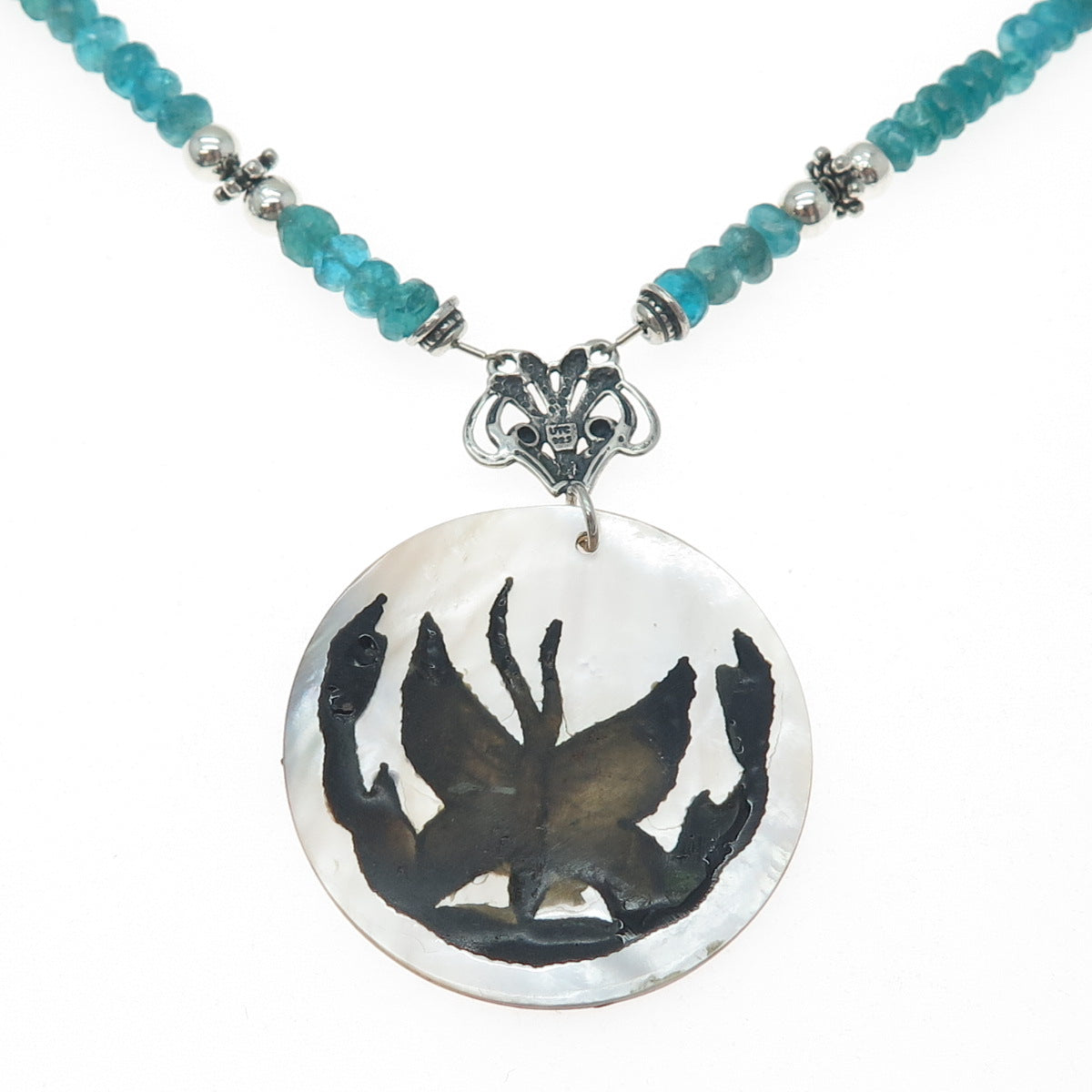 925 Sterling Silver Vintage Abalone Shell & Apatite Butterfly Chain Necklace 18"