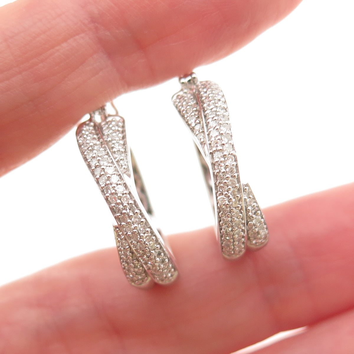 Platinaire Sterling Silver Real Round-Cut Diamond Crisscross Hoop Earrings