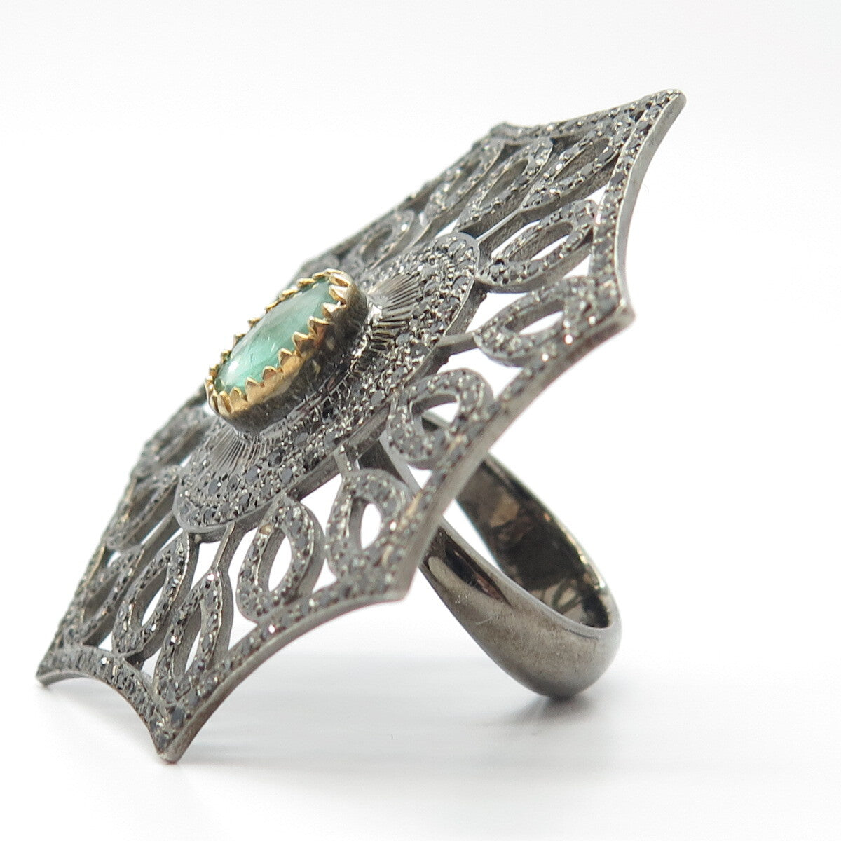 925 Sterling Silver Vintage Black Diamond & Green Tourmaline Gem Ring Size 7.75