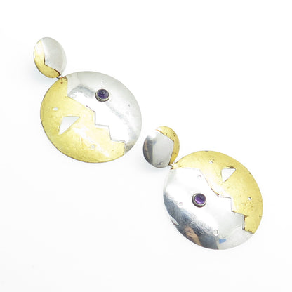 925 Sterling Silver 2-Tone Vintage Mexico Real Amethyst Eclipse Kiss Earrings