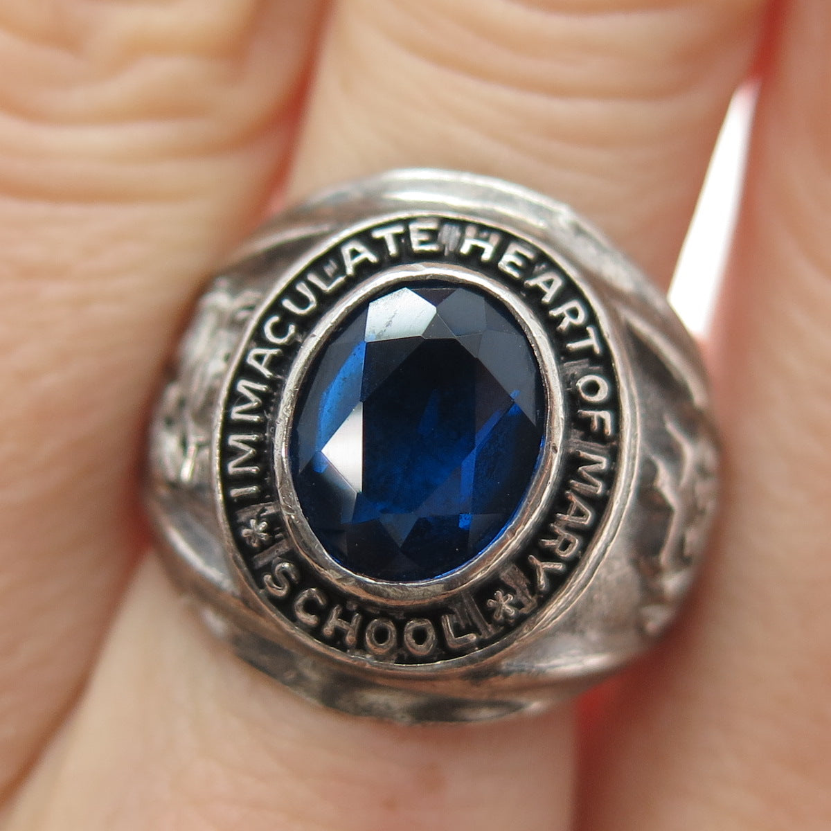 925 Sterling Silver Vintage 1972 Lab-Created Sapphire IHM School Ring Size 8.25
