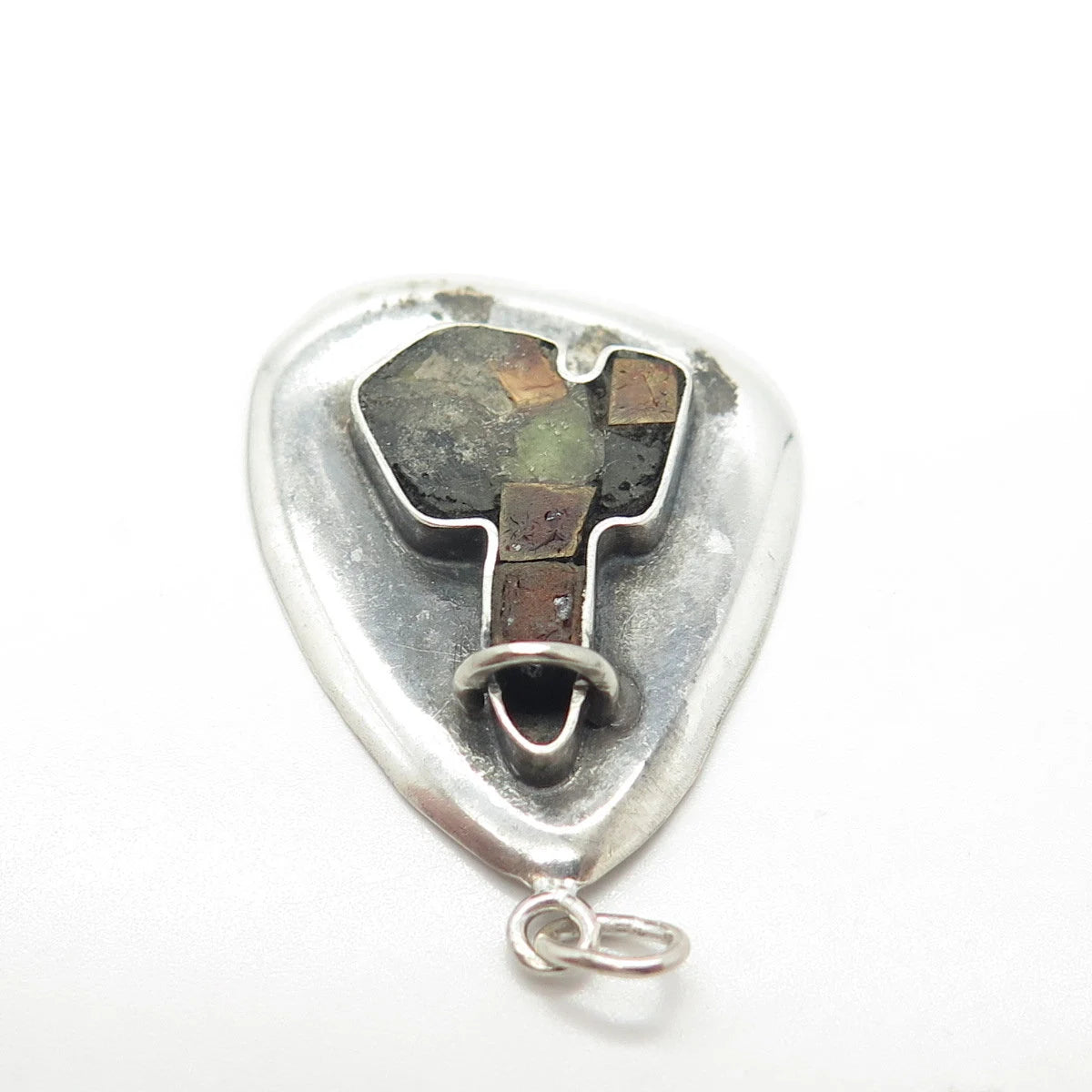 925 Sterling Silver Vintage Israel Real Turquoise & Jasper Pendant