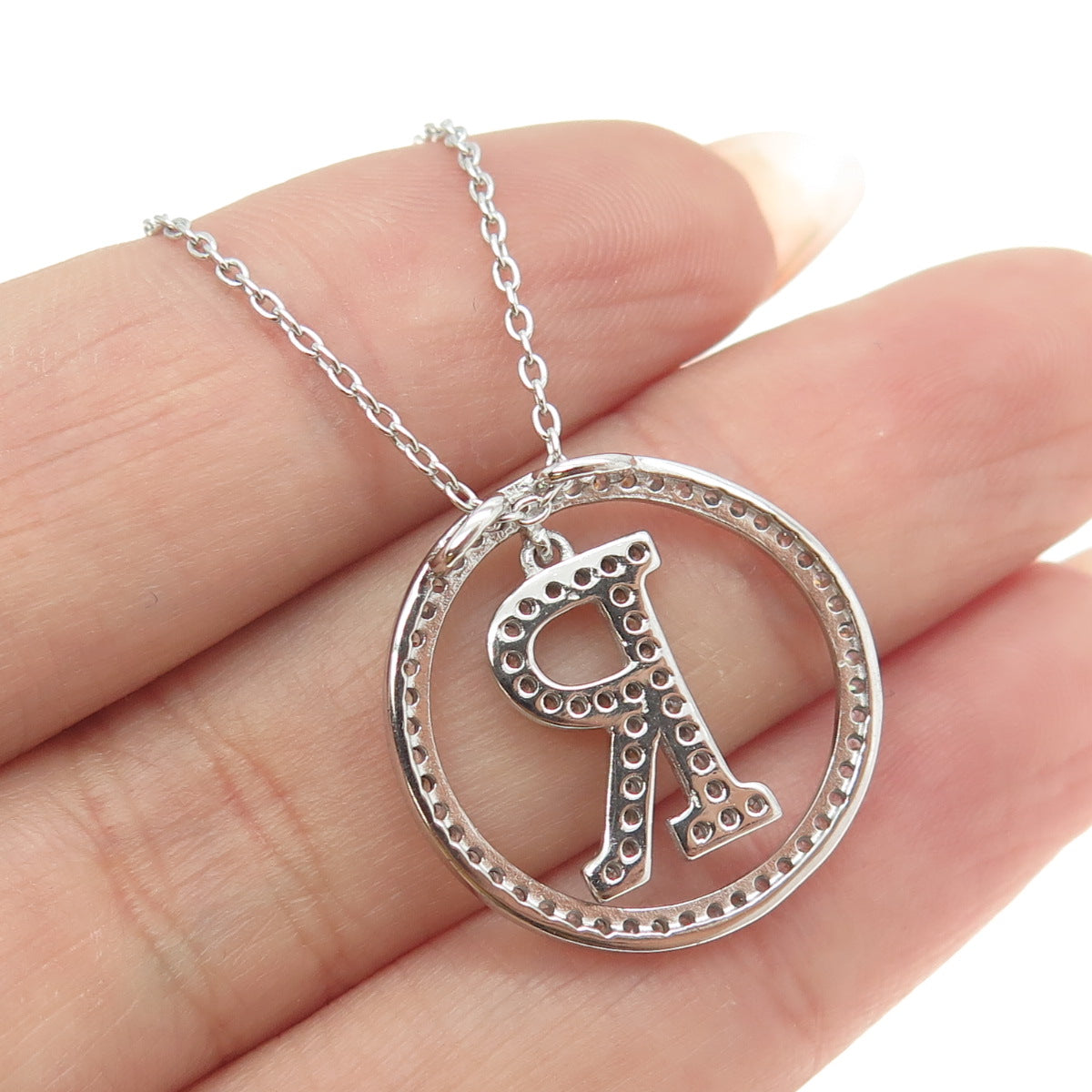 925 Sterling Silver Pave C Z Letter "R" Initial Rolo Chain Necklace 18"