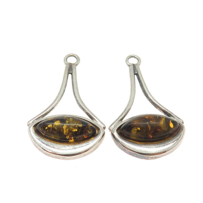 925 Sterling Silver Vintage Real Baltic Amber Modernist Jacket Earrings