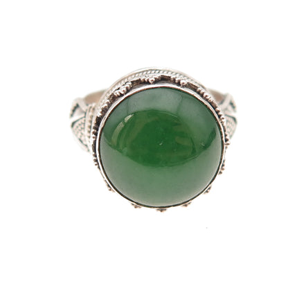 Suarti Bali Sterling Silver Vintage Real Jade Granulated Oxidized Ring Size 7.25
