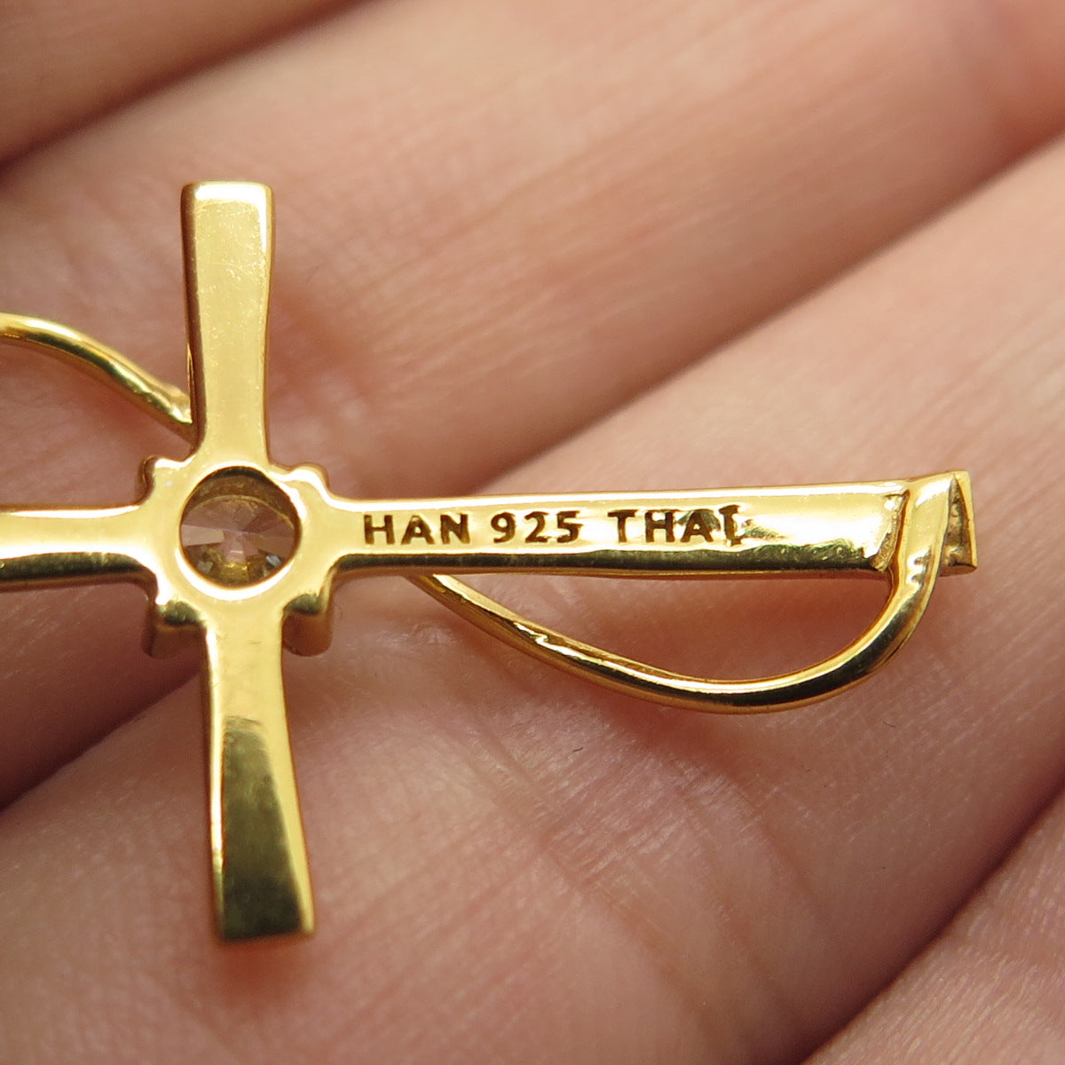 HAN 925 Sterling Silver Gold Plated Round-Cut Shaped C Z Cross Pendant