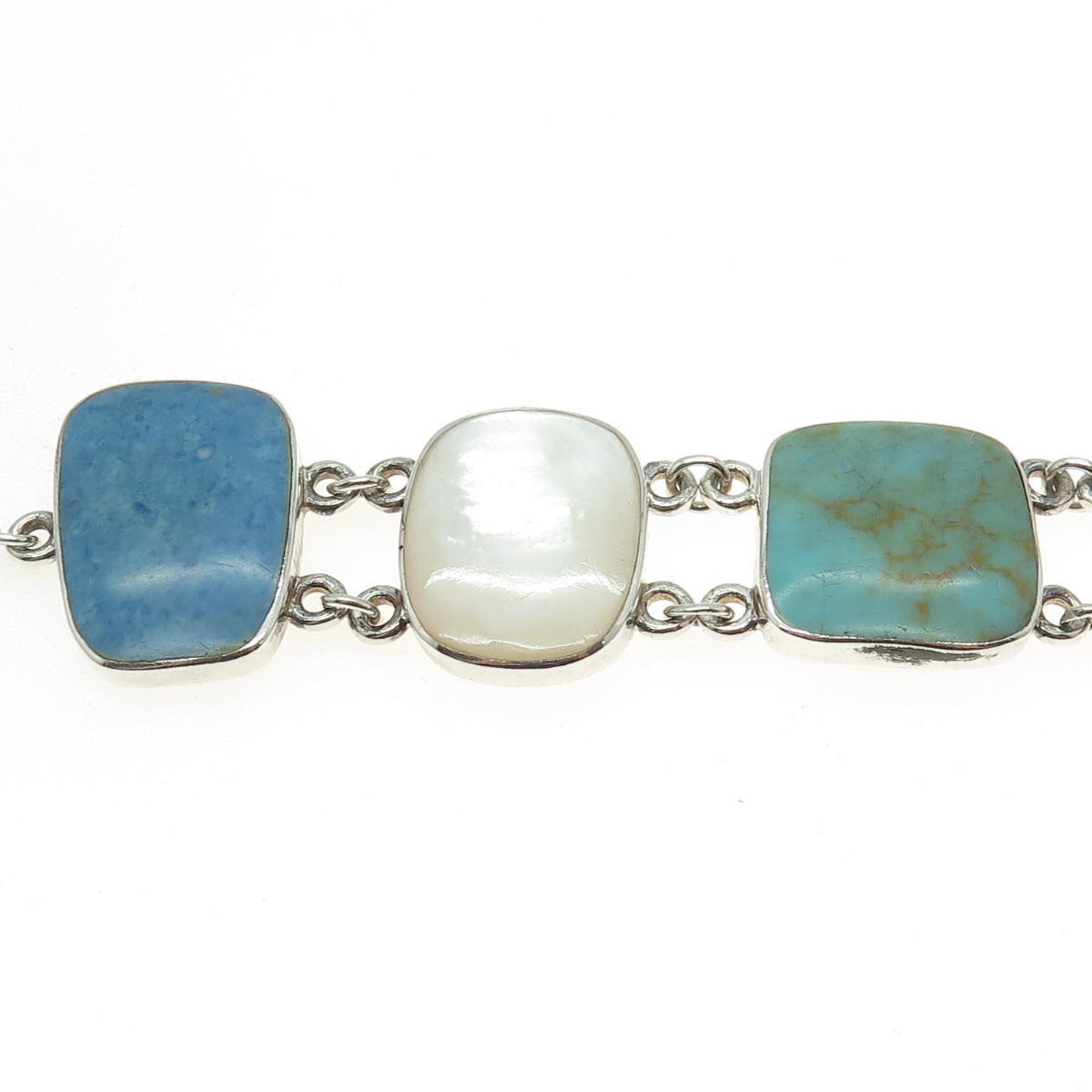 925 Sterling Silver Vintage Turquoise Denim Lapis MOP Panel Link Bracelet 7.25"