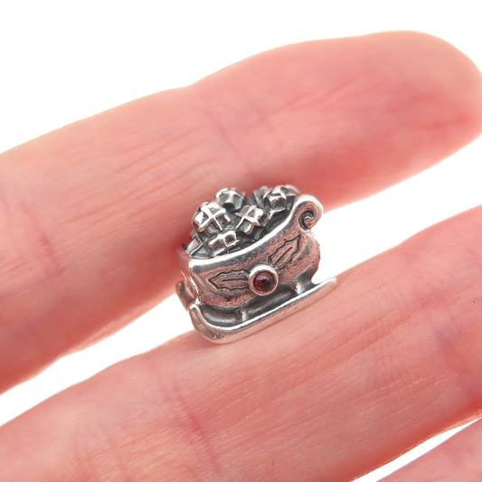 Pandora 925 Sterling Silver Real Red Garnet Santa's Sleigh Slide Bead Charm