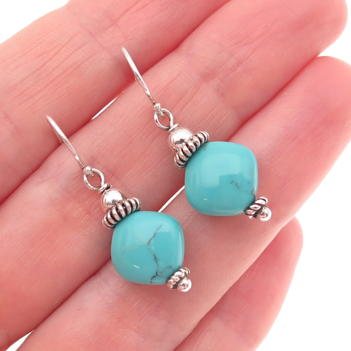 925 Sterling Silver Vintage Real Tyrone Turquoise Cannetille Dangle Earrings