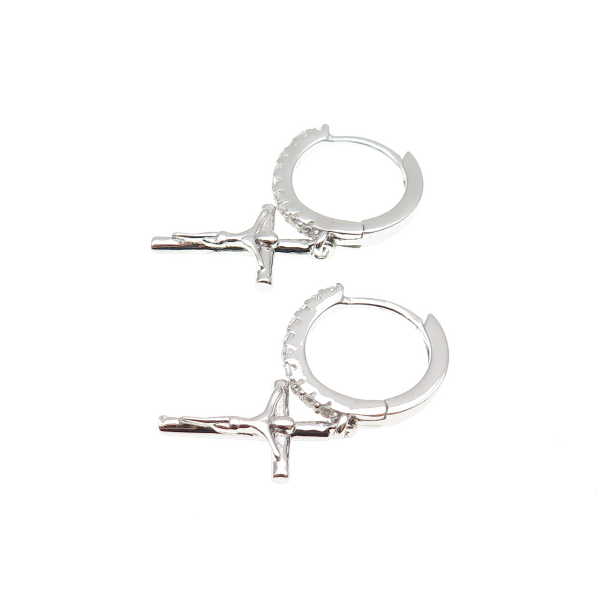 925 Sterling Silver Round-Cut C Z Crucifix Cross Dangle Hoop Earrings