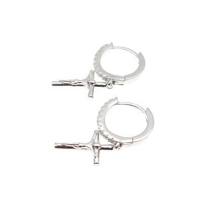 925 Sterling Silver Round-Cut C Z Crucifix Cross Dangle Hoop Earrings