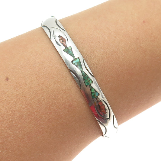 Old Pawn 925 Sterling Silver Vintage Turquoise & Coral Adjustable Bracelet 6.5"