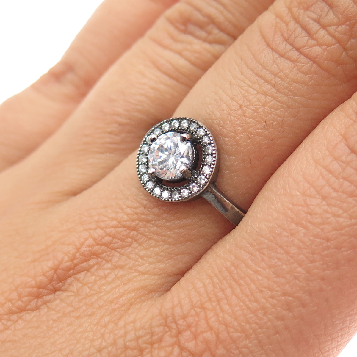 925 Sterling Silver Black Rhodium Round-Cut C Z Engagement Ring Size 7.25