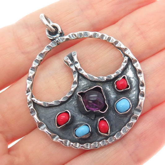 925 Sterling Silver Vintage Mexico Real Amethyst Faux Turquoise & Coral Pendant