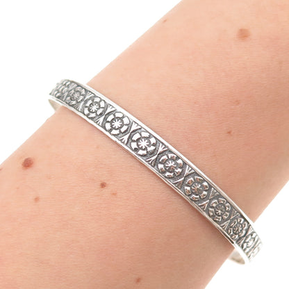925 Sterling Silver Antique Art Deco Floral Oxidized Bangle Bracelet 8"