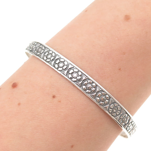 925 Sterling Silver Antique Art Deco Floral Oxidized Bangle Bracelet 8"