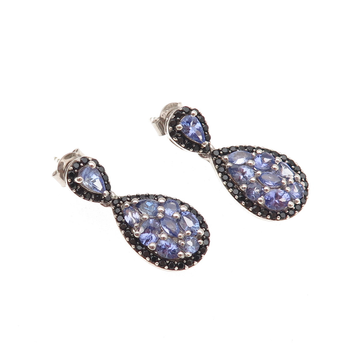 Chuck Clemency 925 Sterling Silver Real Tanzanite & Black Spinel Dangle Earrings