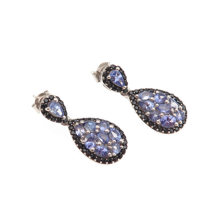 Chuck Clemency 925 Sterling Silver Real Tanzanite & Black Spinel Dangle Earrings