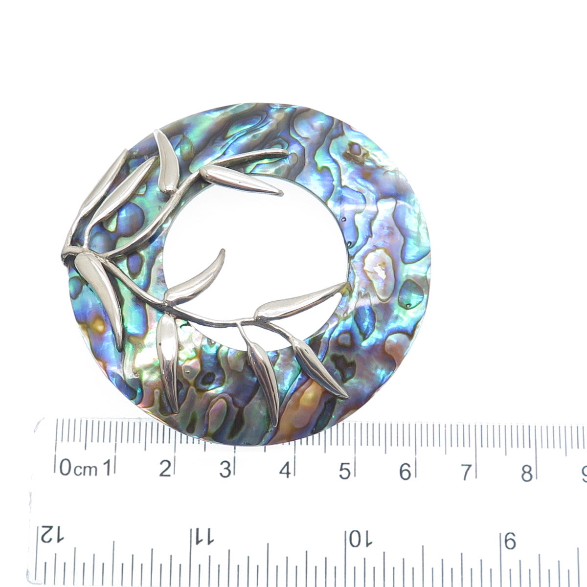 925 Sterling Silver Vintage Real Abalone Shell Floral Disc Modernist Pendant