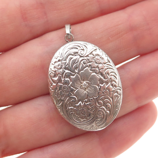 Tru-Kay Sterling Silver Vintage Real Diamond Accent Floral Locket Charm Pendant